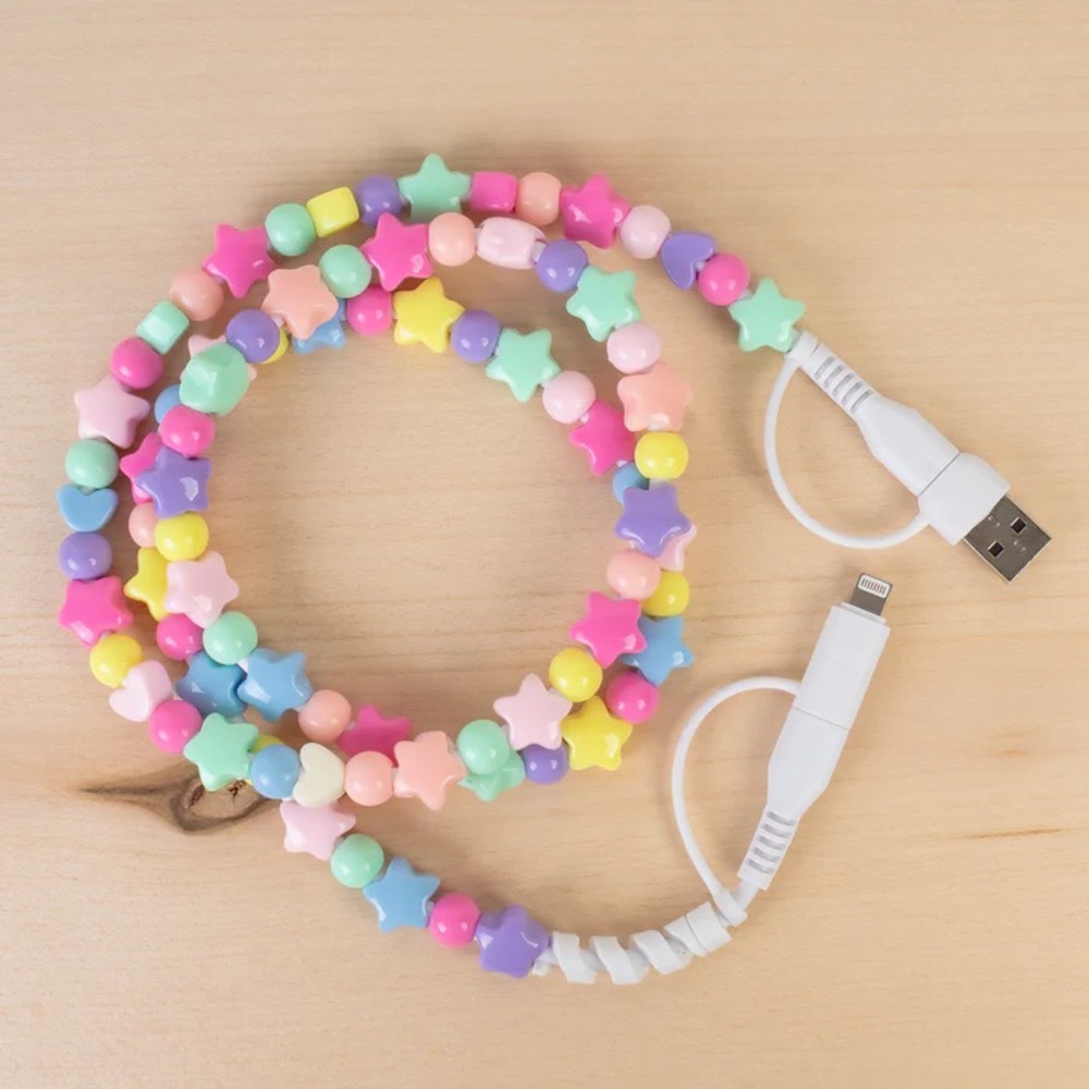 Pastel Star Beaded Phone Charging Cable 4-1 charger, USB, C and I-Phone!